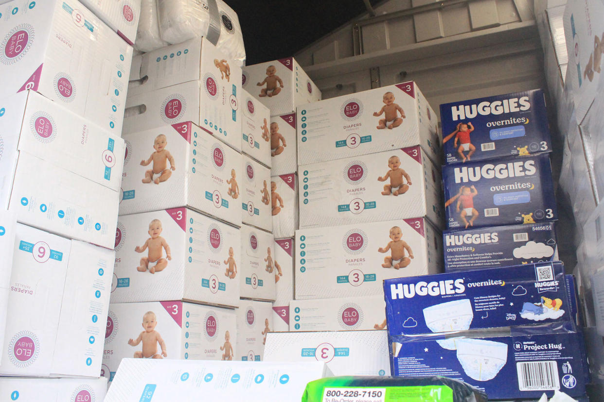 Diapers stored in a shed at One Life Counseling in San Carlos, Calif. (Hoda Emam / NBC News)