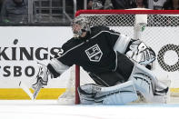 Los Angeles Kings goaltender Jonathan Quick deflects a shot during the second period in Game 3 of an NHL hockey Stanley Cup first-round playoff series against the Edmonton Oilers Friday, May 6, 2022, in Los Angeles. (AP Photo/Mark J. Terrill)