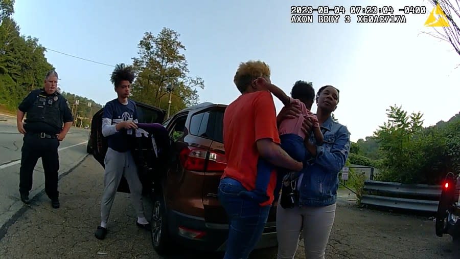 An image from police bodycam video of Danielle Brissett’s arrest.