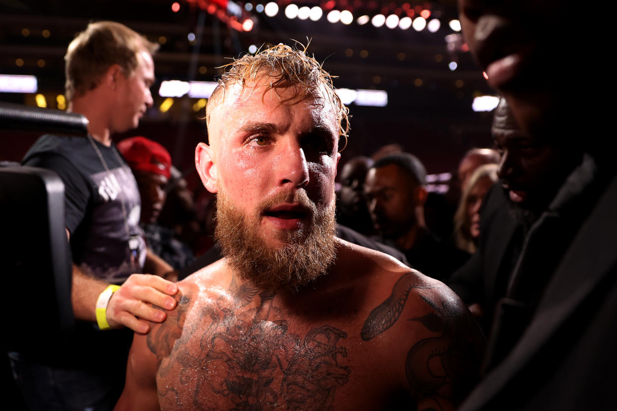 Jake Paul exits the ring after his unanimous decision win over Anderson Silva in their cruiserweight boxing match at Gila River Arena on October 29, 2022 in Glendale, Arizona. (Photo by Christian Petersen/Getty Images)