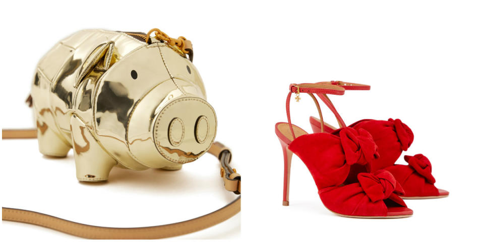 Tory Burch Metallic Pig Mini Bag in gold, SGD585; Eleanore sandals in brilliant red, SGD585