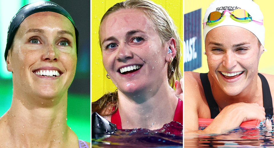 Emma McKeon has become the oldest Australian female swimmer to make the Olympics in 32-years, while swim queens Ariarne Titmus and Kaylee McKeown booked their spots in Paris with scintillating swims. Image: Getty