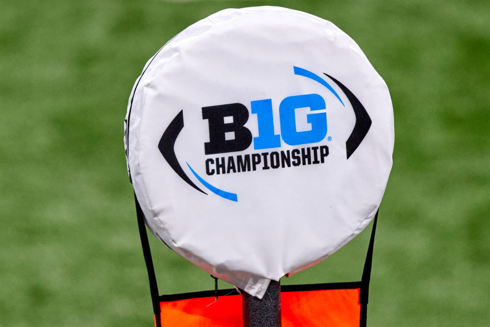 INDIANAPOLIS, IN - DECEMBER 19: A detail view of the Big Ten Championship logo is seen on a field yard marker in action during the Big Ten Championship game between the Ohio State Buckeyes and the Northwestern Wildcats on December 19, 2020 at Lucas Oil stadium, in Indianapolis, IN. (Photo by Robin Alam/Icon Sportswire via Getty Images)