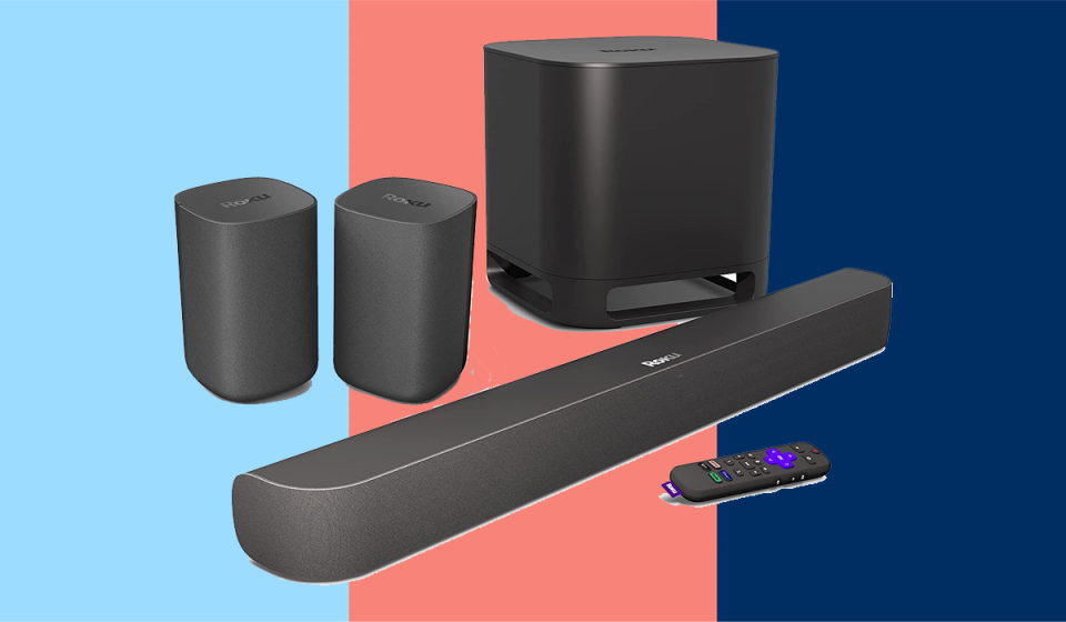 The Roku Streambar Bar is shown here with the Roku Wireless Subwoofer and Roku Wireless Speakers.