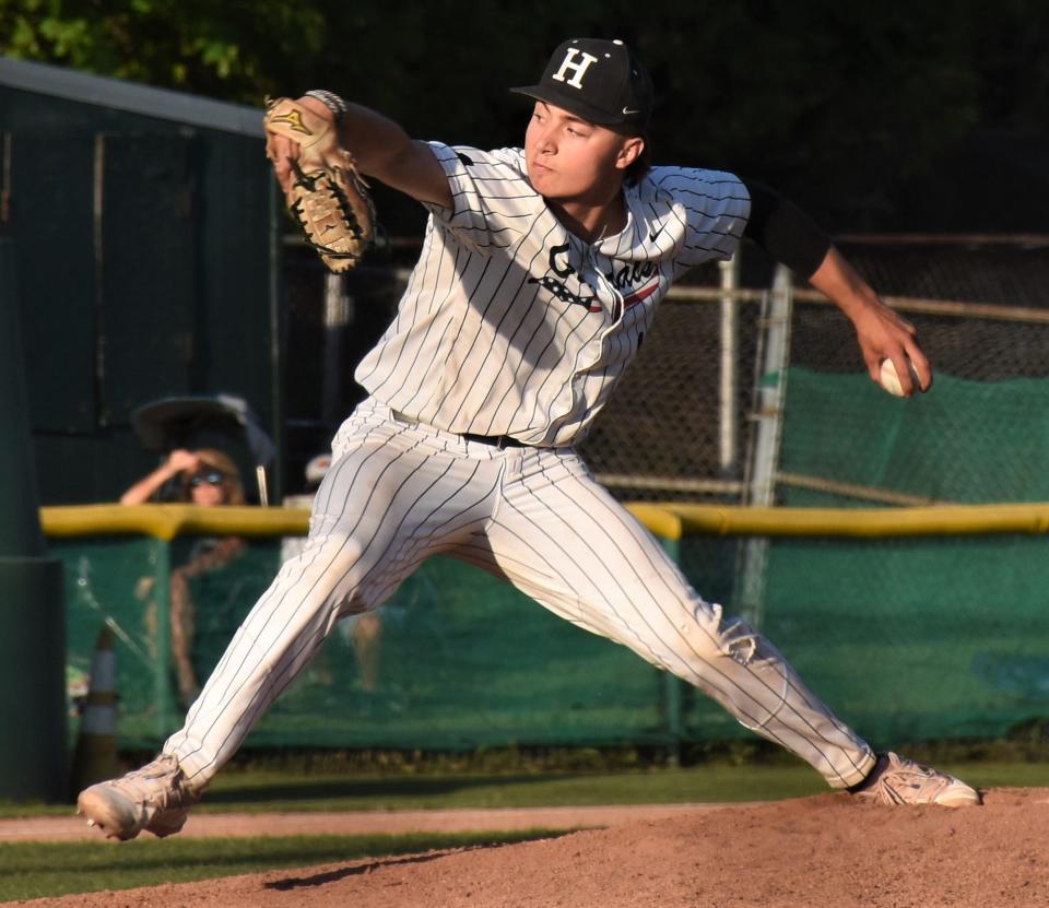 Colin Skermont, a freshman from Whitesboro pictured in a 2023 Region III playoff game in Little Falls, pitched a complete game for Herkimer College Thursday when the Generals shut out Erie Community College 10-0 in five innings in their first game at the 2024 regional Final Four in Auburn.