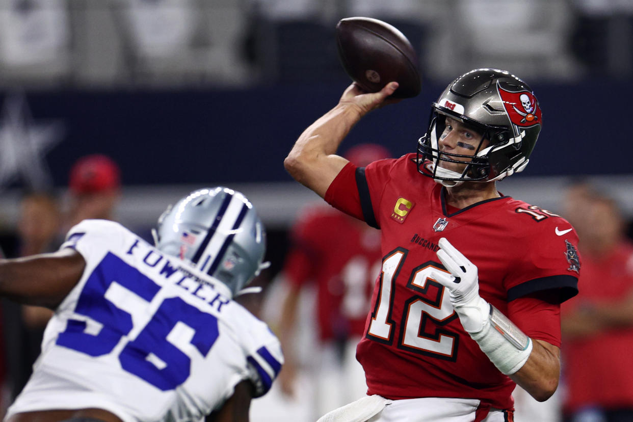 Tom Brady and the Tampa Bay Buccaneers struggled to find the end zone for most of their opener against the Cowboys. (Photo by Tom Pennington/Getty Images)