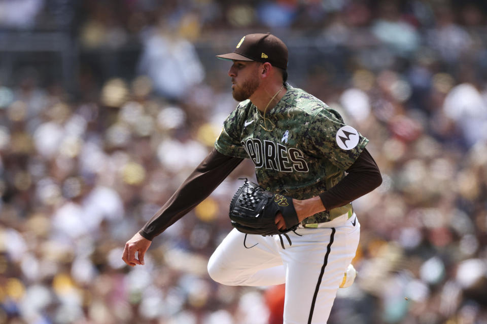 San Diego Padres' Joe Musgrove follows through on a pitch against the Tampa Bay Rays in the fourth inning of a baseball game Sunday, June 18, 2023, in San Diego. (AP Photo/Derrick Tuskan)