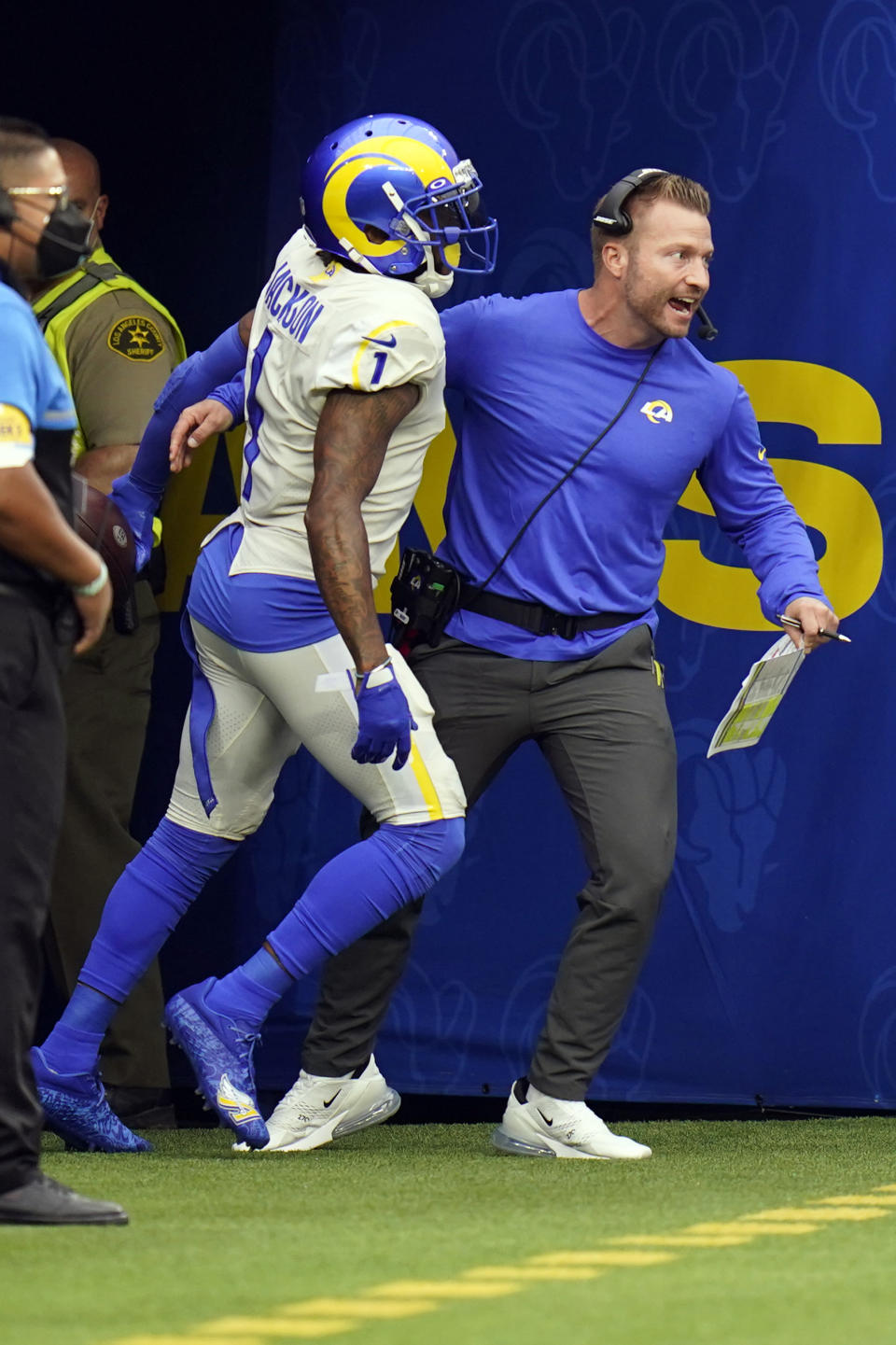 Los Angeles Rams wide receiver DeSean Jackson, left, celebrates his touchdown catch with head coach Sean McVay during the second half of an NFL football game against the Tampa Bay Buccaneers Sunday, Sept. 26, 2021, in Inglewood, Calif. (AP Photo/Jae C. Hong)