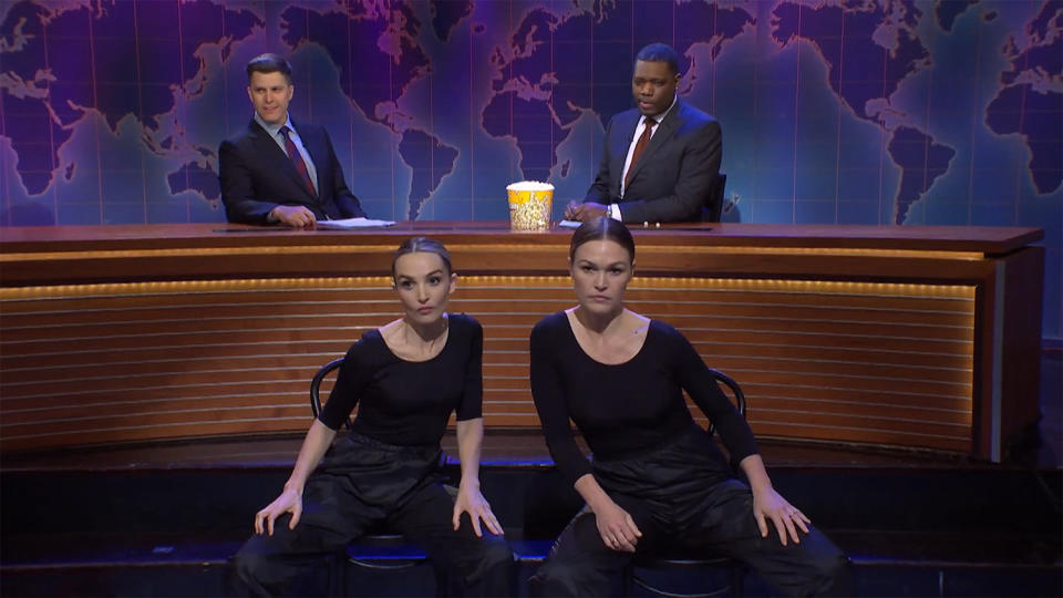 Chloe Fineman and Julia Stiles are ready to show off their best moves. (Saturday Night Live)
