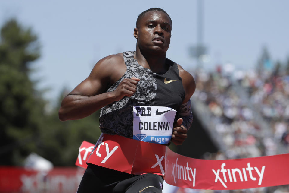 FILE - In this June 30, 2019, file photo, United States' Christian Coleman wins the men's 100-meter race at the Prefontaine Classic IAAF Diamond League athletics meet in Stanford, Calif. There have been a few high-profile names in track and field making a mess of what is supposed to be a simple process of letting drug testers know where they will be for one hour each day. World champion Coleman and Salwa Eid Naser could miss the Tokyo Games for what are known in the anti-doping world as whereabouts failures. (AP Photo/Jeff Chiu, File)