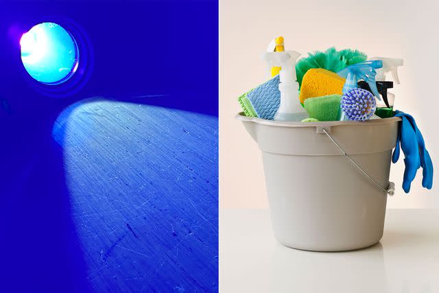 <p>Getty (2)</p> Stock image of a bright UV light; Stock image of a bucket of cleaning supplies.