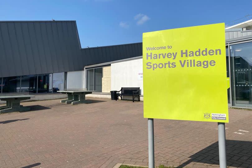 A boarded up window at Harvey Hadden Sports Village