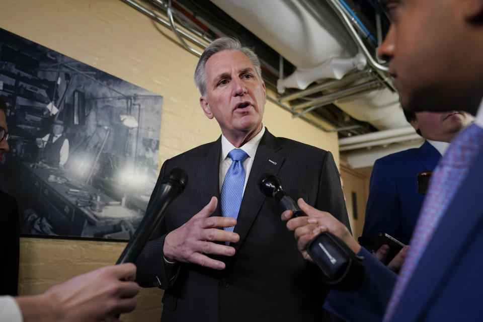 House Speaker Kevin McCarthy of Calif., speaks with members of the press before attending a House Republican Steering Committee meeting on Capitol Hill in Washington, Wednesday, Jan. 11, 2023. (AP Photo/Patrick Semansky)