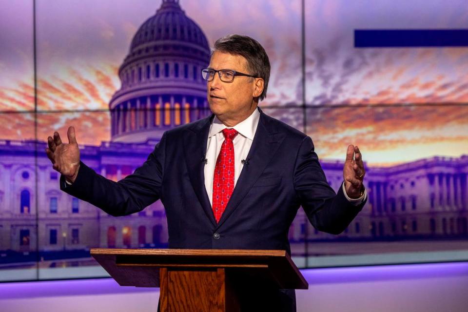 Republican U.S. Senate candidate Pat McCrory answers a question during an hour-long debate moderated by Spectrum News political anchor Tim Boyum at the Spectrum News studio in Raleigh, NC Wednesday, April 20, 2022.