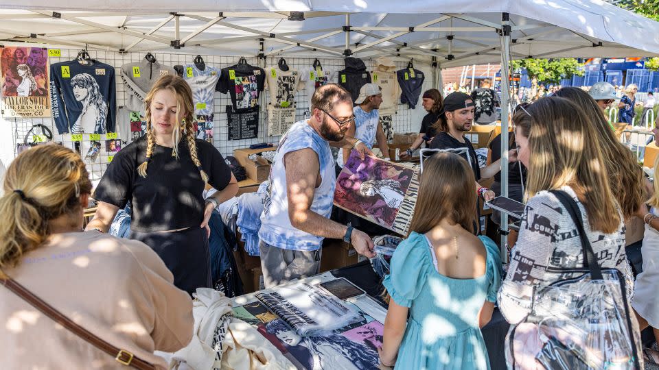 Stalls selling Taylor Swift merchandise in Denver, Colorado, ahead of the concert on July 14, 2023. - Grace Smith/MediaNews Group/The /Denver Post/Getty Images