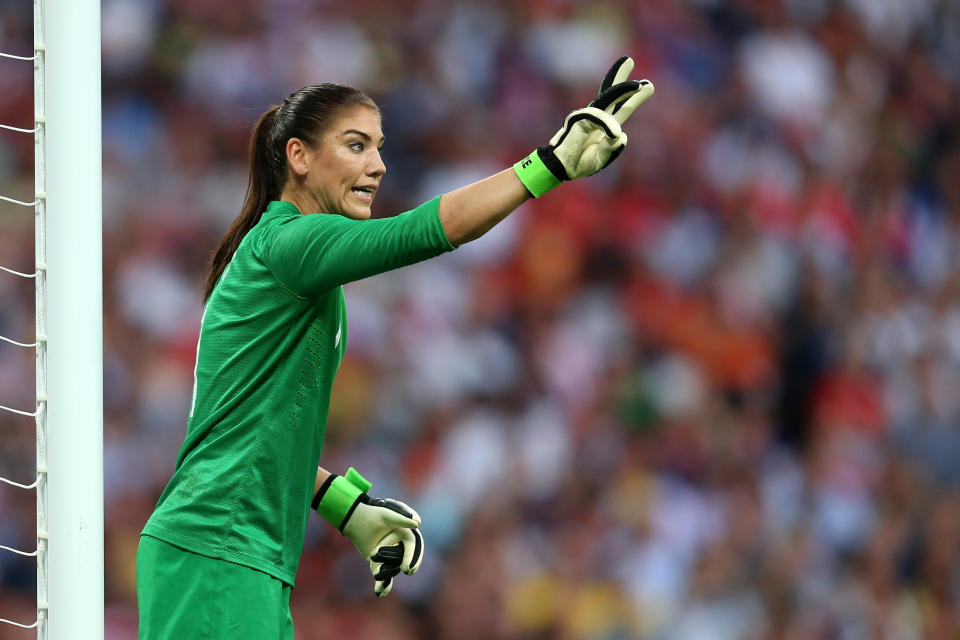 LONDON, ENGLAND - AUGUST 09: Goalkeeper Hope Solo #1 of United States calls out from goal in the first half while taking on Japan during the Women's Football gold medal match on Day 13 of the London 2012 Olympic Games at Wembley Stadium on August 9, 2012 in London, England. (Photo by Julian Finney/Getty Images)