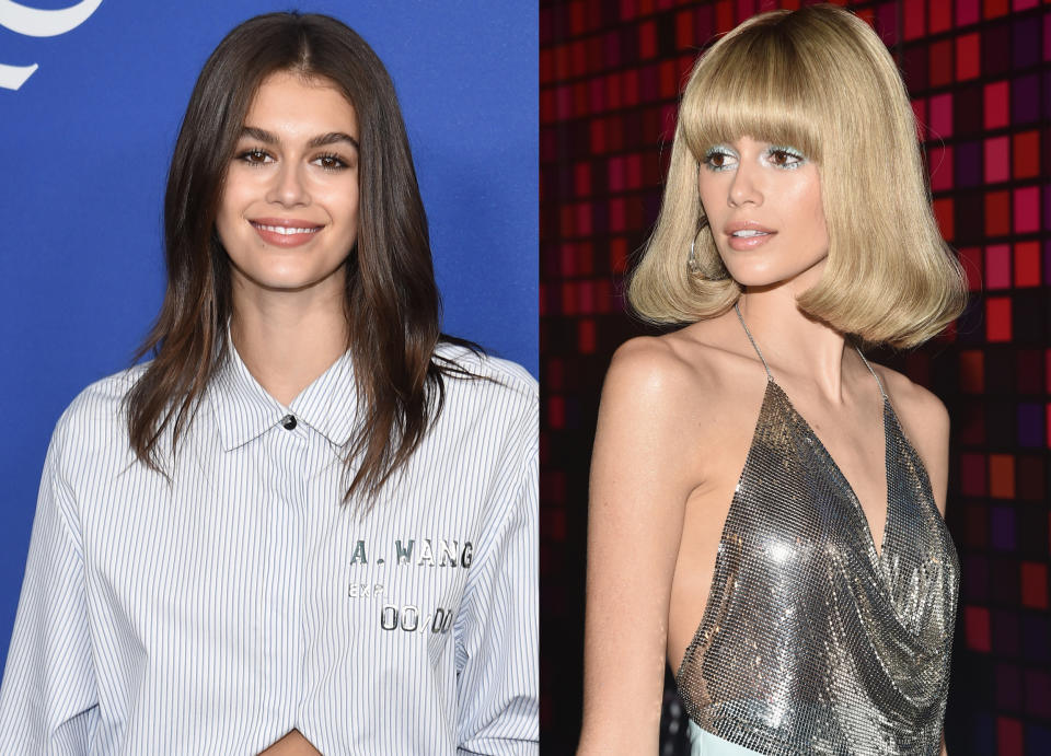 <p>Ihre braunen Haare gelten als ihr Markenzeichen. Deswegen entschied sich Kaia Gerber wohl nur für eine temporäre Typveränderung. Auf einer Halloween-Party im vergangenen Jahr rockte das Model eine blonde Perücke. (Bild: Getty Images) </p>