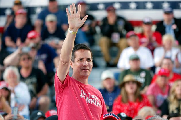 Bernie Moreno waves at a Trump rally for Sen. J.D. Vance (R-Ohio) in April 2022. This time, he has Trump's blessing to take on Sen. Sherrod Brown (D-Ohio).