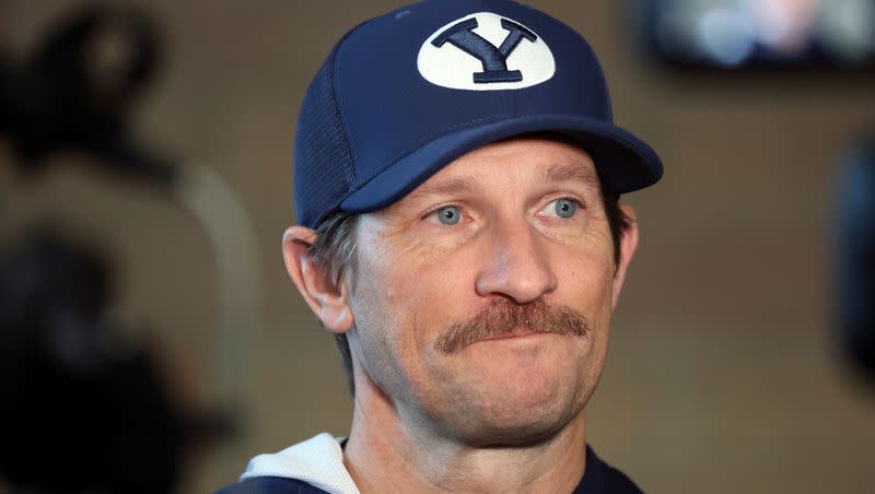 Aaron Roderick, BYU offensive coordinator, talks to media at the end of opening day of BYU spring football camp at the BYU Indoor Practice Facility in Provo, on Monday, March 6, 2023.