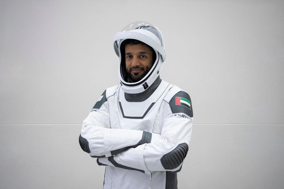 Astronaut Sultan Alneyadi from the Mohammed bin Rashid Space Centre, SpaceX Crew-6 Mission Specialist, is pictured in his pressure suit during a crew equipment integration test at SpaceX headquarters in Hawthorne, California.