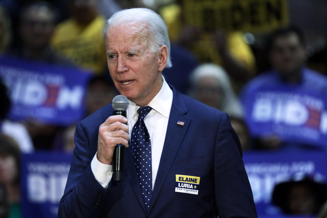 NORFOLK, VIRGINIA - MARCH 01:  Democratic presidential candidate former Vice President Joe Biden speaks during a campaign event at Booker T. Washington High School March 1, 2020 in Norfolk, Virginia. After his major win in South Carolina, Biden continues to campaign for the upcoming Super Tuesday Democratic presidential primaries.  (Photo by Alex Wong/Getty Images)