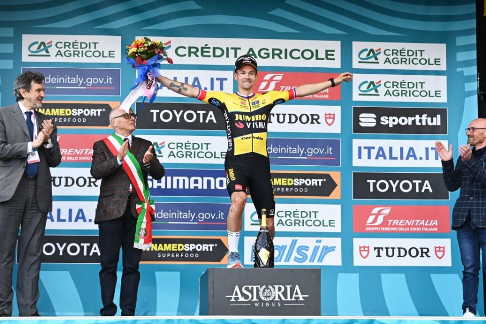 Slovenian Primoz Roglic of JumboVisma celebrates on the podium after winning stage 4 of the TirrenoAdriatico cycling race 219 km from Greccio to Tortoreto in Italy Thursday 09 March 2023BELGA PHOTO DIRK WAEM Photo by DIRK WAEM  BELGA MAG  Belga via AFP Photo by DIRK WAEMBELGA MAGAFP via Getty Images