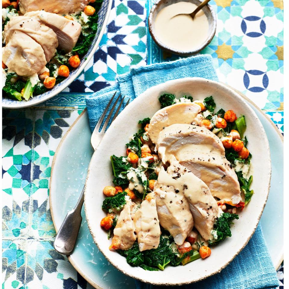 <p>Perfect for a light dinner, or tasty lunch. Use any leftover cooked chicken you have, if you like.</p><p><strong>Recipe: <a href="https://www.goodhousekeeping.com/uk/food/a32015669/chicken-and-roasted-chickpea-salad/" rel="nofollow noopener" target="_blank" data-ylk="slk:Chicken and Roasted Chickpea Salad" class="link ">Chicken and Roasted Chickpea Salad </a></strong></p>