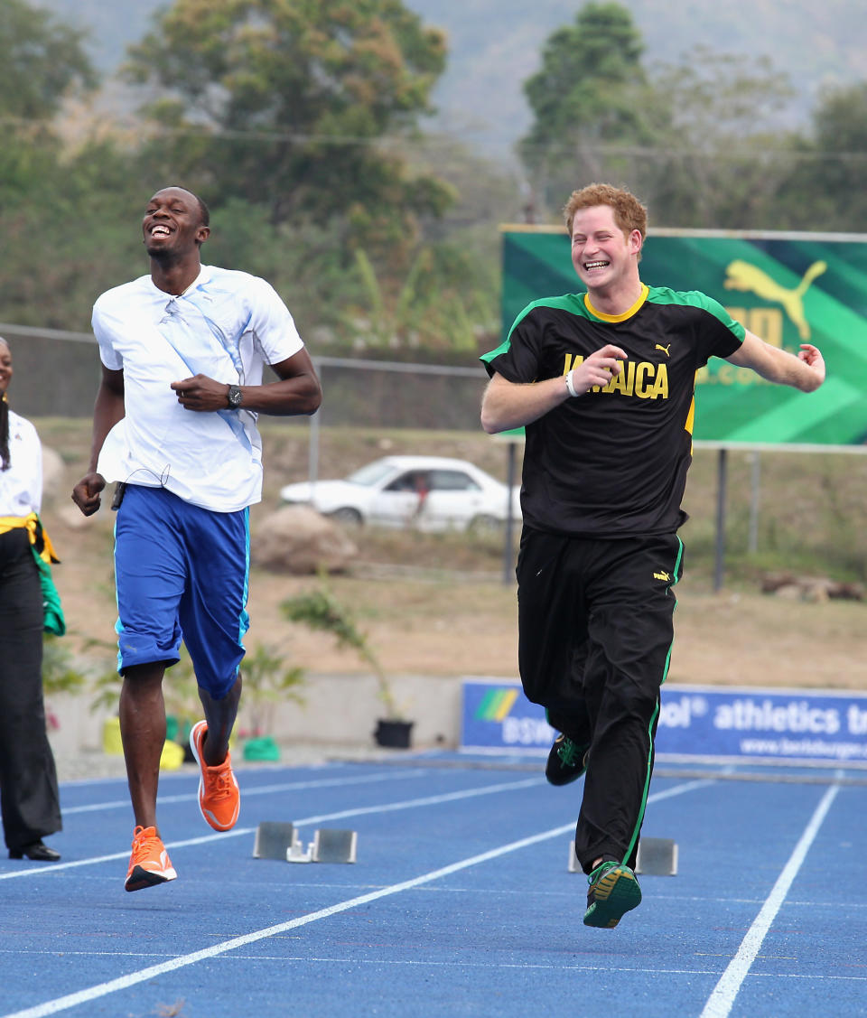 Prince Harry races Usain Bolt at the Usain Bolt Track at the University of the West Indies on March 6, 2012 in Kingston, Jamaica. (Photo: Chris Jackson via Getty Images)