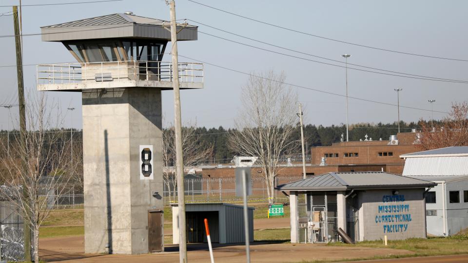 In this March 20, 2019, photo, a watch tower stands high on the grounds of the Central Mississippi Correctional Facility in Pearl. (AP Photo/Rogelio V. Solis)