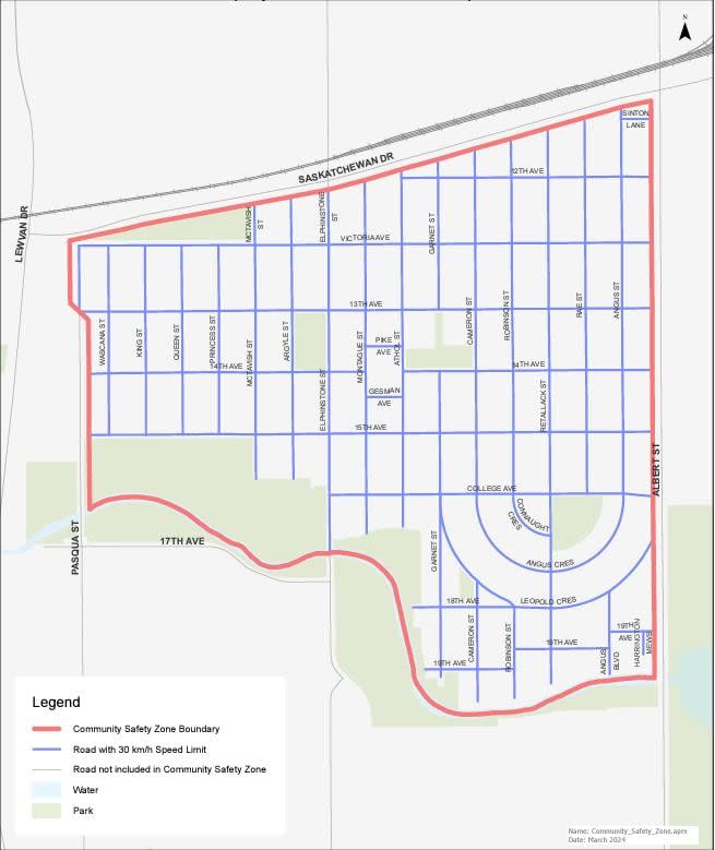 Regina city council is reviewing the proposed creation of a community safety zone in the Cathedral neighbourhood, which would lower the speed limit in the entire area to 30 km/hr, 24 hours a day.