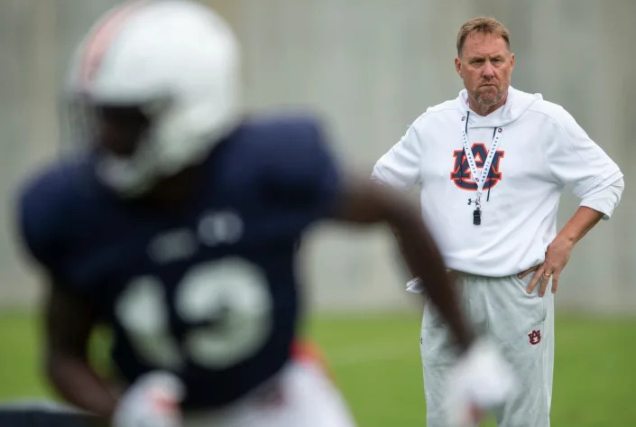 Auburn Tigers head coach Hugh Freeze looks on during Auburn Tigers football practice at the Woltosz Football Performance Center at in Auburn, Ala., on Monday, April 3, 2023.