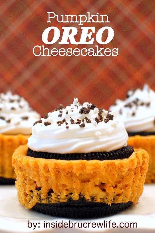 <p>To make the chocolatey top and bottom of these mini cheesecakes, just split an Oreo cookie in half. </p><p><strong>Get the recipe at <a href="http://insidebrucrewlife.com/2010/10/pumpkin-oreo-cheesecake/#_a5y_p=2240152" rel="nofollow noopener" target="_blank" data-ylk="slk:Inside BruCrew Life;elm:context_link;itc:0;sec:content-canvas" class="link ">Inside BruCrew Life</a>.</strong></p>