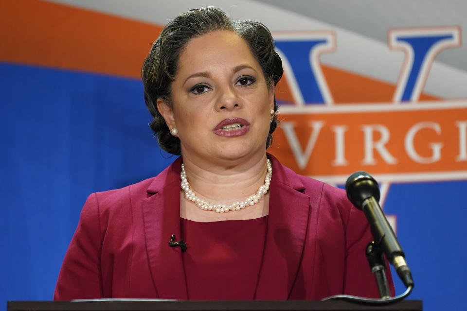 FILE - State Sen. Jennifer McClellan, a. Democratic candidate for Governor of Virginia, speaks during a debate at Virginia State University in Petersburg, Va., on April 6, 2021. McClellan and state Sen. Joe Morrissey have jumped into the crowded field of candidates Tuesday, Dec. 13, 2022, seeking to replace Democratic U.S. Rep. A. Donald McEachin, who died in November. (AP Photo/Steve Helber, File)