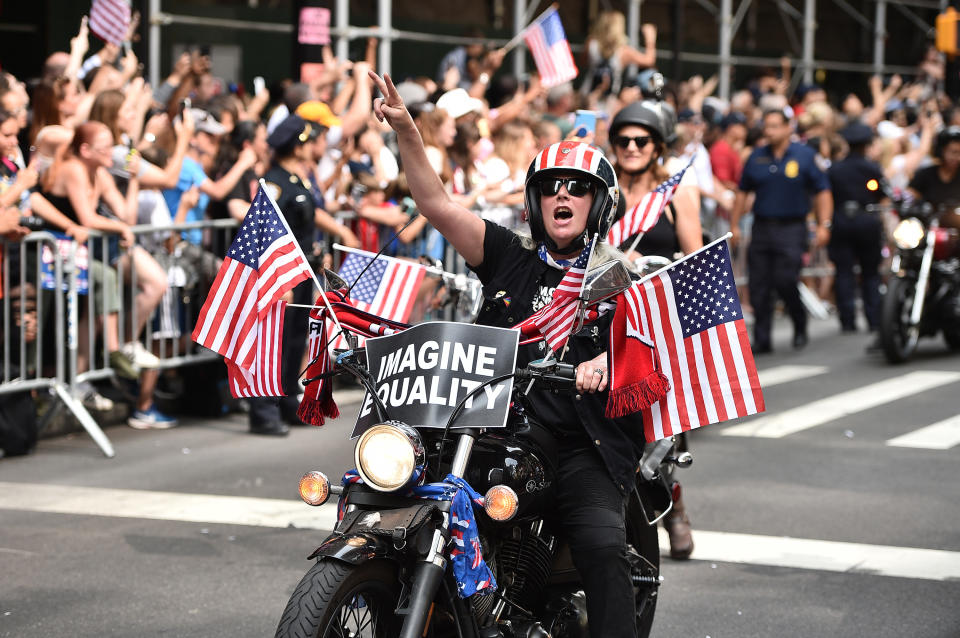 Fans celebrate during a Victory Ticker Tape Parade for the U.S. Women's National Soccer Team down the Canyon of Heroes on July 10, 2019 in the Manhattan borough of New York City. The USA defeated the Netherlands on Sunday to win the 2019 FIFA Women's World Cup France. (Photo by Theo Wargo/Getty Images)