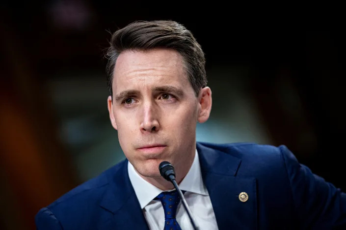 Sen. Josh Hawley (R-MO) pauses while speaking during Attorney General nominee Merrick Garland&#39;s confirmation hearing before the Senate Judiciary Committee, Washington, DC, U.S., February 22, 2021.  Al Drago/Pool via REUTERS