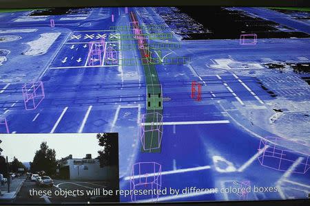 A screen displays views from various onboard sensors in a Google self-driving vehicle at the Computer History Museum before a presentation in Mountain View, California in this May 13, 2014 file photo. REUTERS/Stephen Lam/Files