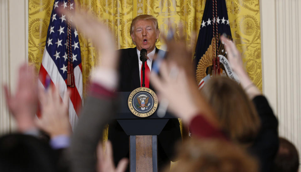 President Donald Trump takes questions from reporters during a lengthy news conference at the White House in Washington, U.S., February 16, 2017.&nbsp;