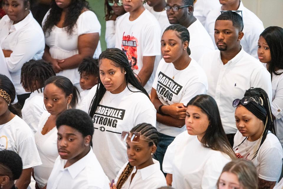 Students look on as the funeral for Shaunkivia ‘Keke’ Smith is held at First Baptist Church in Dadeville, Ala, on Saturday April 29, 2023.  Smith was one of the four victims who died in the Dadeville shooting.