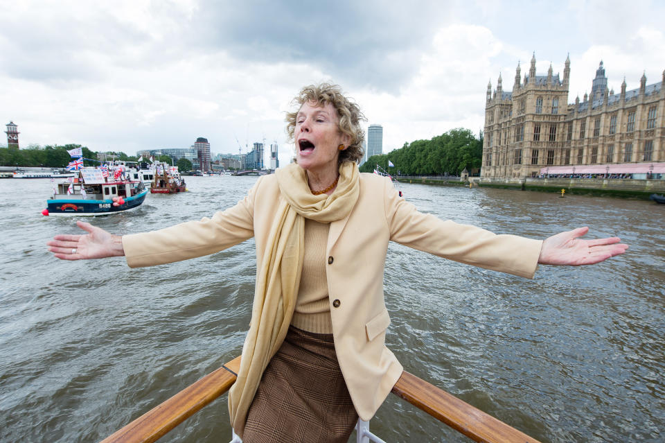 LONDON, ENGLAND - JUNE 15:  Kate Hoey shows her support for the 'Leave' campaign for the upcoming EU Referendum aboard a boat on the River Thames on June 15, 2016 in London, England.  Nigel Farage, leader of UKIP, is campaigning for the United Kingdom to leave the European Union in a referendum being held on June 23, 2016.  (Photo by Jeff Spicer/Getty Images)