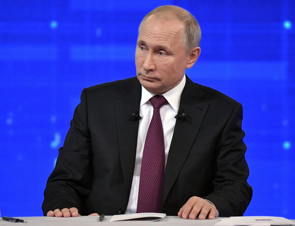 Russian President Vladimir Putin listens during his annual call-in show in Moscow, Russia, Thursday, June 20, 2019. Putin hosts call-in shows every year, which typically provide a platform for ordinary Russians to appeal to the president on issues ranging from foreign policy to housing and utilities. (Alexei Nikolsky, Sputnik, Kremlin Pool Photo via AP)