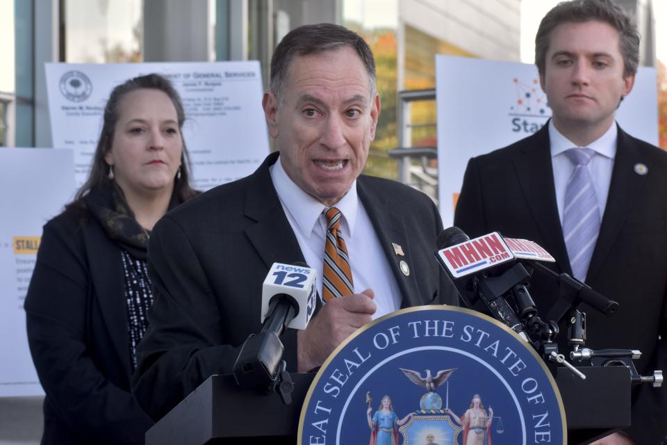 Mike Anagnostakis, an Orange County Legislator representing the town of Montgomery, the village of Walden and the town of Newburgh, calls for an oversight hearing at a Wednesday press conference outside the Orange County Office Building in Goshen.