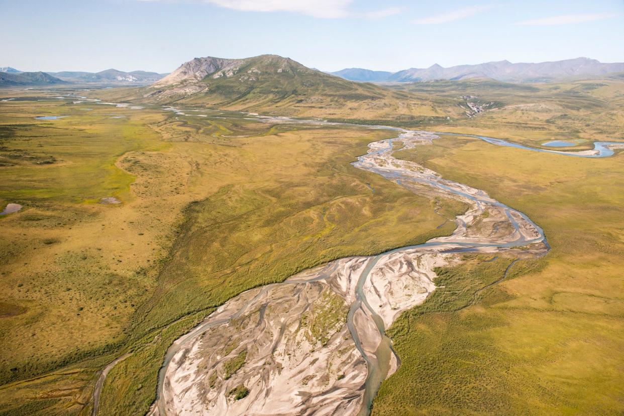 The western part of the Brooks Range is seen from the air. Gates of the Arctic National Park is centered in the central part of the range.