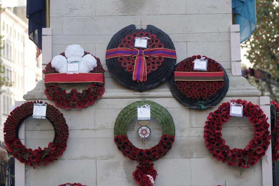 Wreaths laid by members of the royal family at the Cenotaph in Whitehall, London, during the national Remembrance Sunday service. Picture date: Sunday November 13, 2022. (Photo by Yui Mok/PA Images via Getty Images)