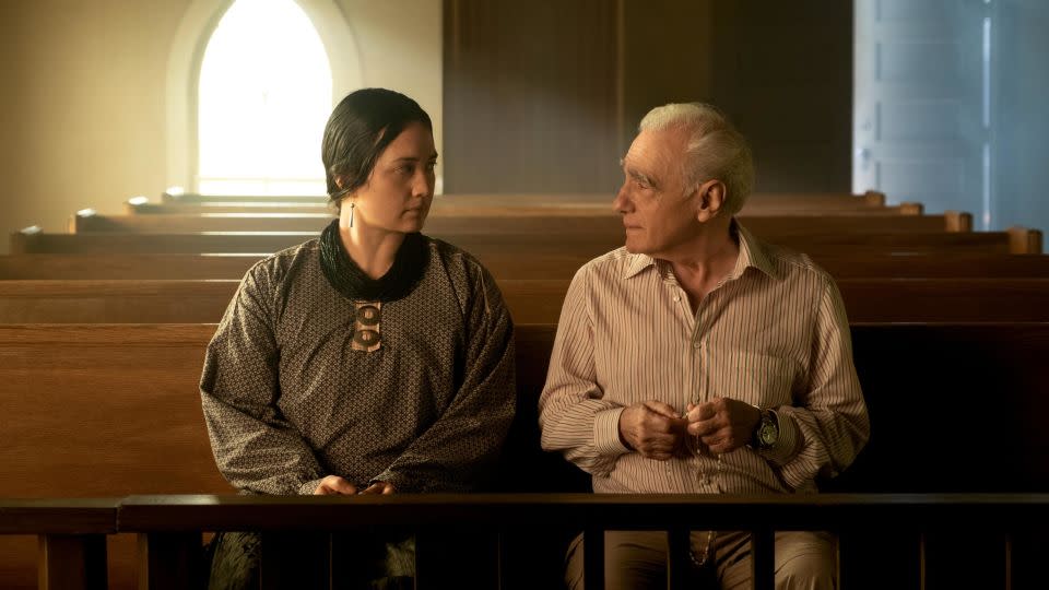 Lily Gladstone talks with Martin Scorsese inside a church on location for "Killers of the Flower Moon." - Courtesy Apple Original Films