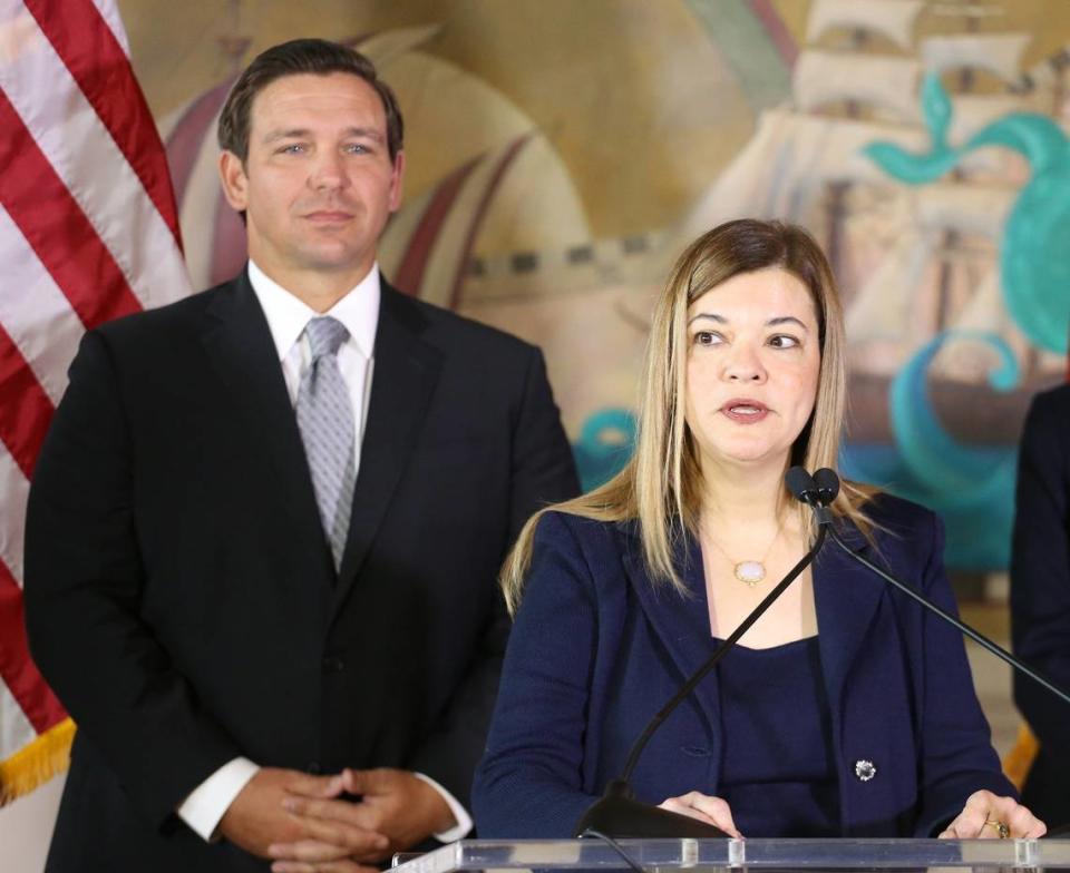 On Jan. 9, 2019, Judge Barbara Lagoa gives her remarks after being appointed to the Florida Supreme Court by Gov. Ron DeSantis, left, inside the Freedom Tower at Miami Dade College. She is one of 15 people sitting on the FIU presidential search committee.