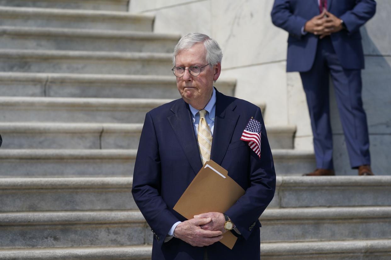 Senate Minority Leader Mitch McConnell, R-Ky., waits to speak during a Sept. 11 remembrance ceremony at the U.S. Capitol in Washington on Monday, Sept. 13, 2021. 