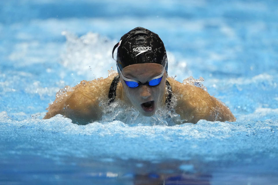 Canada's Summer McIntosh competes during the women's 200m butterfly swimming semifinal at the World Swimming Championships in Fukuoka, Japan, Wednesday, July 26, 2023. (AP Photo/Lee Jin-man)