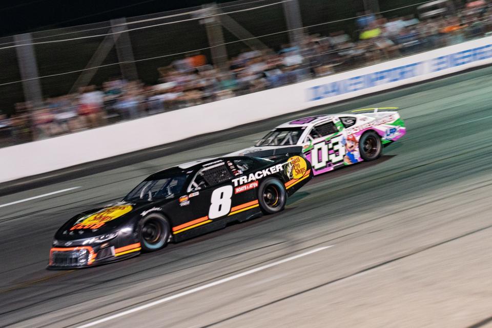 Carson Kvapil, driver of the #8 overtakes Brenden Queen, driver of the #03 during the Thunder Road Harley-Davidson 200 for the 2023 Virginia Late Model Triple Crown at South Boston Speedway in South Boston, Virginia on July 1, 2023. (Sanjay Suchak/NASCAR)