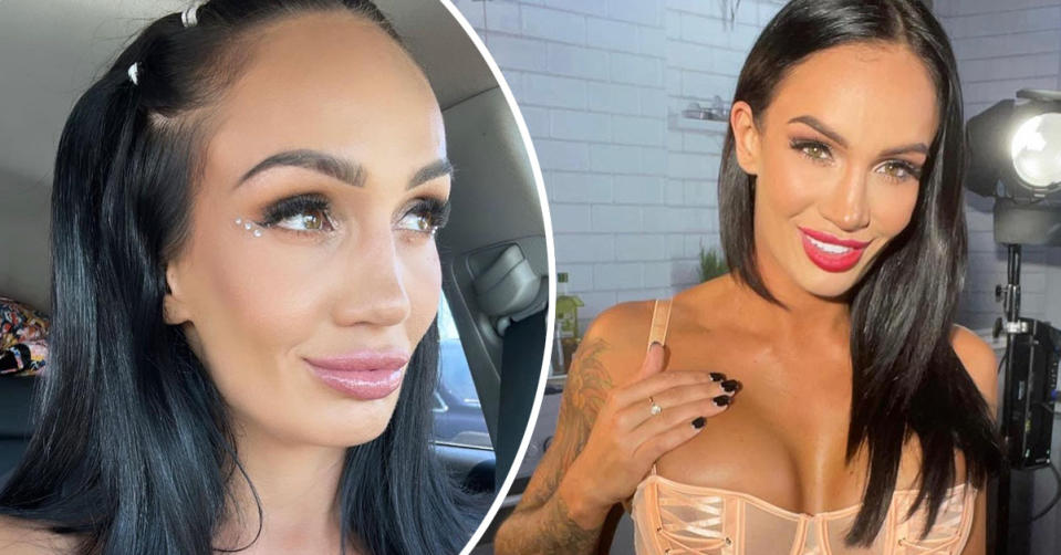 L: Former MAFS star Hayley Vernon in a car. R: Hayley Vernon in a peach bra