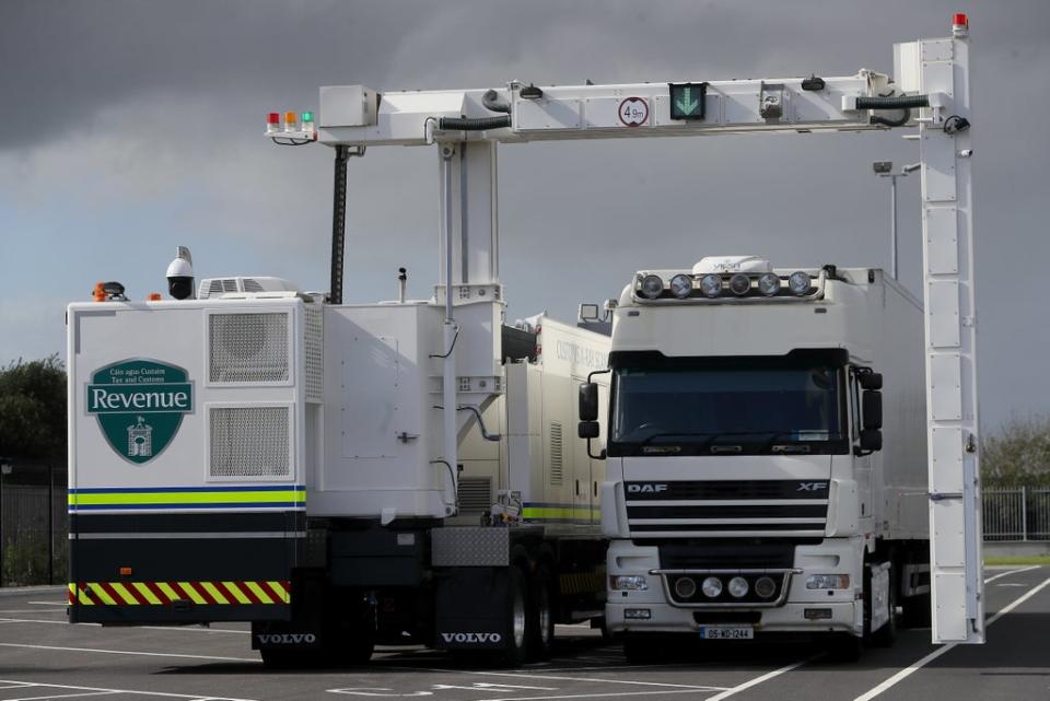 A truck is scanned by a Customs X-Ray Scanner at the Customs and Department of Agriculture, Food &. Marine border inspection post at Rosslare Europort, Co. Wexford. (Brian Lawless/PA) (PA Wire)